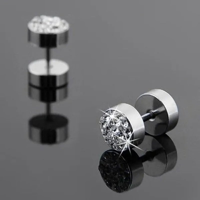 1Pair Unisex Men'S Barbell Punk Stainless Steel Crystal Punk Ear Studs Earrings