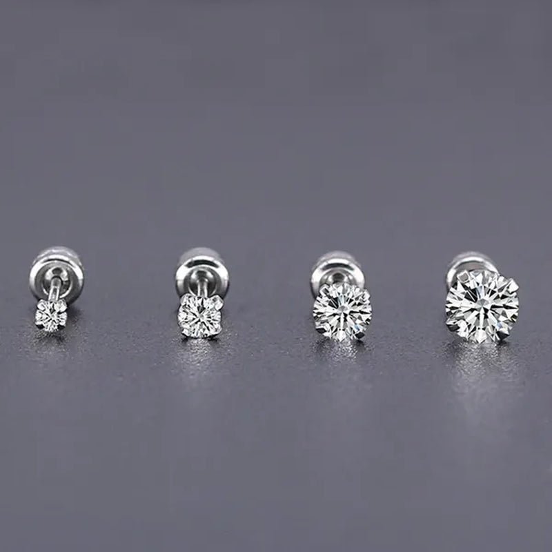 1Pc/1Pairs Silver Plated Cubic Zirconia Stud Earrings for Women Men Stainless Steel Jewelry Size: 2-6Mm