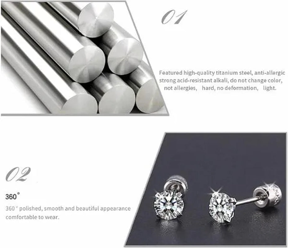 1Pc/1Pairs Silver Plated Cubic Zirconia Stud Earrings for Women Men Stainless Steel Jewelry Size: 2-6Mm