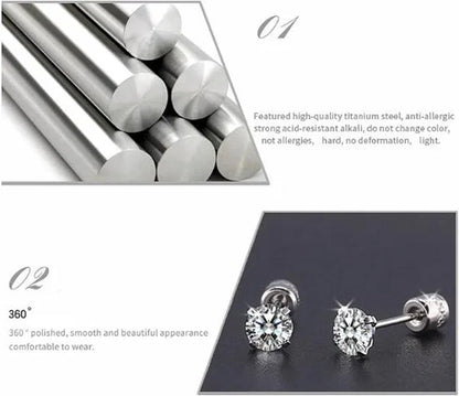 1Pc/1Pairs Silver Plated Cubic Zirconia Stud Earrings for Women Men Stainless Steel Jewelry Size: 2-6Mm