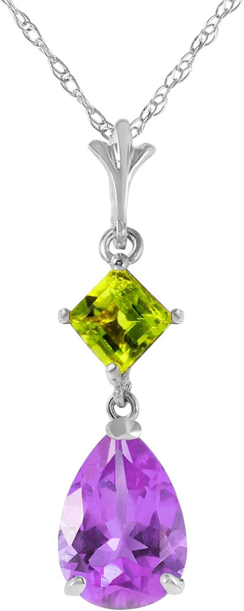 2 Carat 14K Solid White Gold Necklace with Natural Amethyst and Natural Peridot Drop Pendant - WORLD TIME VISITS