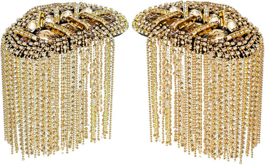 2 Pack Tassel Shoulder Epaulette, Punk Metal Cosplay Ringmaster Shoulder Pads Epaulet with Pins, Gold Rhinestone Beaded Diamond Shoulder Boards Badge Brooch for Men Women Uniform Costume - WORLD TIME VISITS