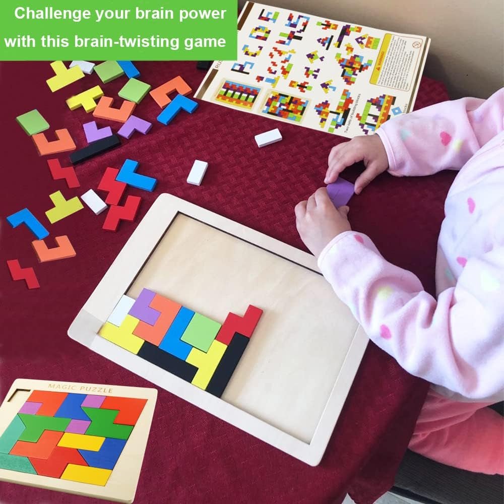 2 Pack Wooden Puzzle Blocks Geometric Tangram + Russian Blocks Puzzle for Kids & Adults, Intelligence Brain Teasers Toy Wooden Puzzle for All Ages Challenge STEM Educational Gift for Children