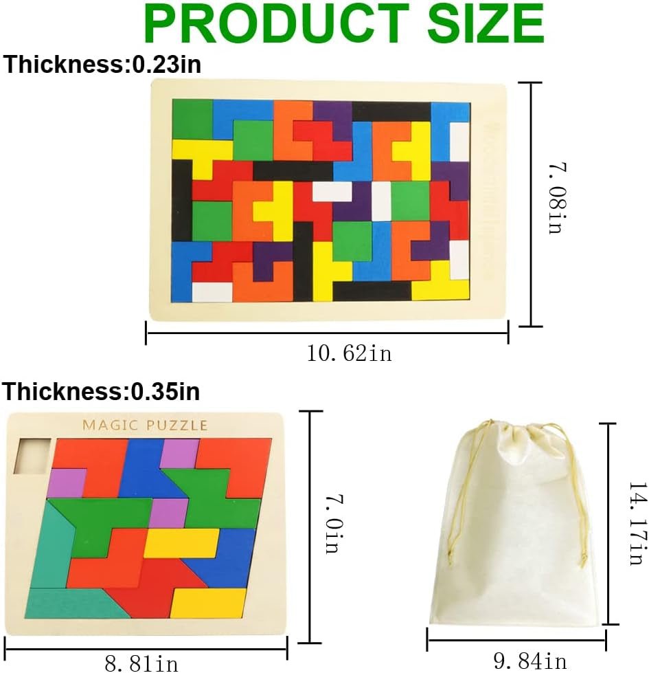 2 Pack Wooden Puzzle Blocks Geometric Tangram + Russian Blocks Puzzle for Kids & Adults, Intelligence Brain Teasers Toy Wooden Puzzle for All Ages Challenge STEM Educational Gift for Children - WORLD TIME VISITS