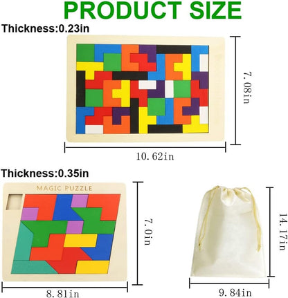 2 Pack Wooden Puzzle Blocks Geometric Tangram + Russian Blocks Puzzle for Kids & Adults, Intelligence Brain Teasers Toy Wooden Puzzle for All Ages Challenge STEM Educational Gift for Children - WORLD TIME VISITS