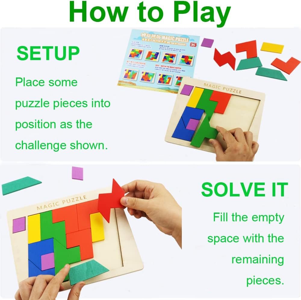 2 Pack Wooden Puzzle Blocks Geometric Tangram + Russian Blocks Puzzle for Kids & Adults, Intelligence Brain Teasers Toy Wooden Puzzle for All Ages Challenge STEM Educational Gift for Children