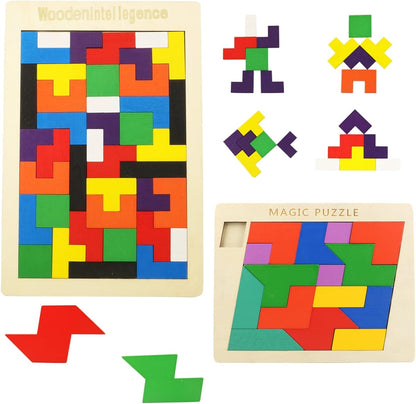 2 Pack Wooden Puzzle Blocks Geometric Tangram + Russian Blocks Puzzle for Kids & Adults, Intelligence Brain Teasers Toy Wooden Puzzle for All Ages Challenge STEM Educational Gift for Children - WORLD TIME VISITS