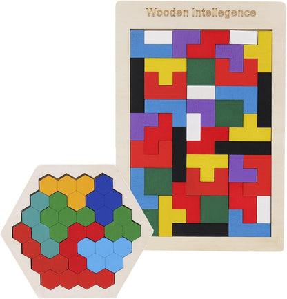 2 Pack Wooden Russian Blocks Puzzle&Hexagon Puzzles for Kids &Adults Wooden Blocks Puzzle Brain Teasers Intelligence Logic Toy Tangrams STEM Montessori Shapes Puzzles Gift for Children - WORLD TIME VISITS