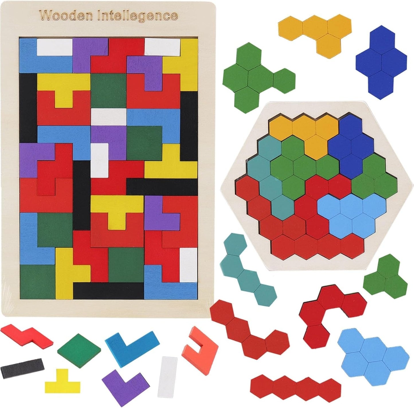2 Pack Wooden Russian Blocks Puzzle&Hexagon Puzzles for Kids &Adults Wooden Blocks Puzzle Brain Teasers Intelligence Logic Toy Tangrams STEM Montessori Shapes Puzzles Gift for Children - WORLD TIME VISITS