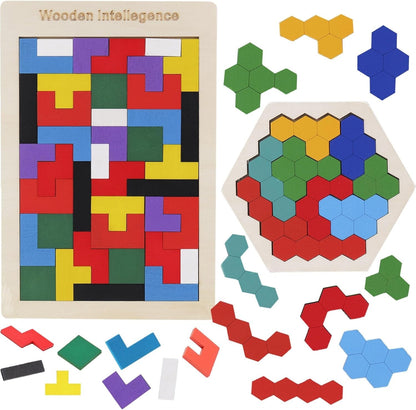 2 Pack Wooden Russian Blocks Puzzle&Hexagon Puzzles for Kids &Adults Wooden Blocks Puzzle Brain Teasers Intelligence Logic Toy Tangrams STEM Montessori Shapes Puzzles Gift for Children - WORLD TIME VISITS