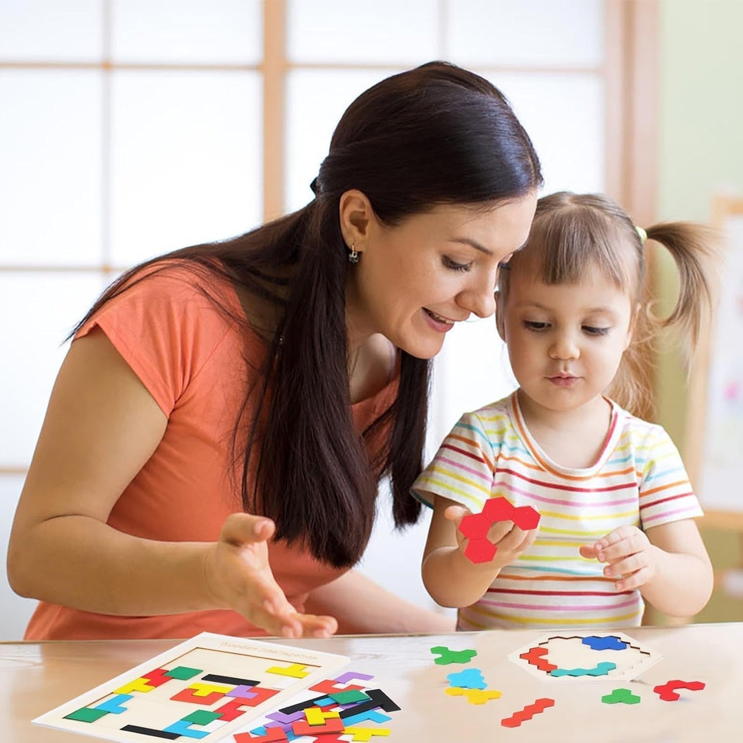 2 Pack Wooden Russian Blocks Puzzle&Hexagon Puzzles for Kids &Adults Wooden Blocks Puzzle Brain Teasers Intelligence Logic Toy Tangrams STEM Montessori Shapes Puzzles Gift for Children