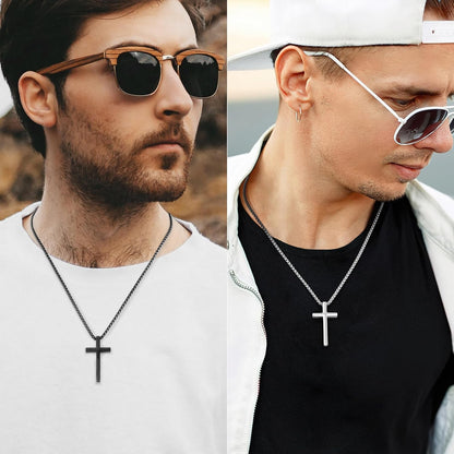 2 Pcs Cross Necklace for Men Boys,Stainless Steel Pendant Silver Black Gold Crosses Chain Jewelry Gifts Box 16 - 30 Inches - WORLD TIME VISITS