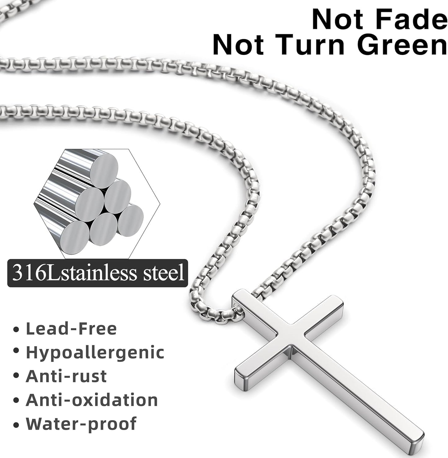 2 Pcs Cross Necklace for Men Boys,Stainless Steel Pendant Silver Black Gold Crosses Chain Jewelry Gifts Box 16-30 Inches
