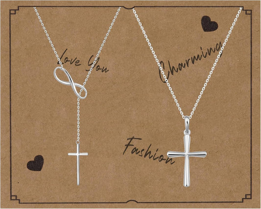 2 Pcs Cross Necklace for Women, Gold/Sterling Silver Plated Dainty Cross Pendant Necklace, Adjustable Chain, Trendy Gold Jewelry Gift for Women and Men - WORLD TIME VISITS