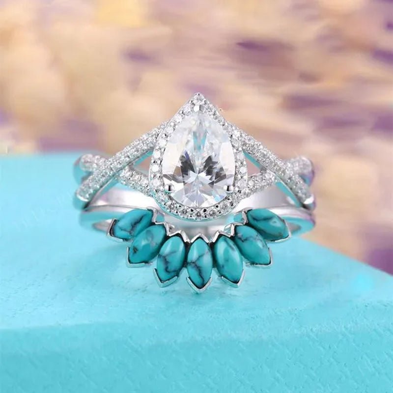 2 Pcs/Set Gifts Handmade Luxury Exquisite Ring Fashion Jewelry Europe and America Noble Elegant Woman Ring Set Natural White Sapphire Zircon Diamond Turquoise Ring Anniversary Party Engagement Bride Princess Wedding Jewelry Christmas Gift Ring Size US4 - 11 - WORLD TIME VISITS
