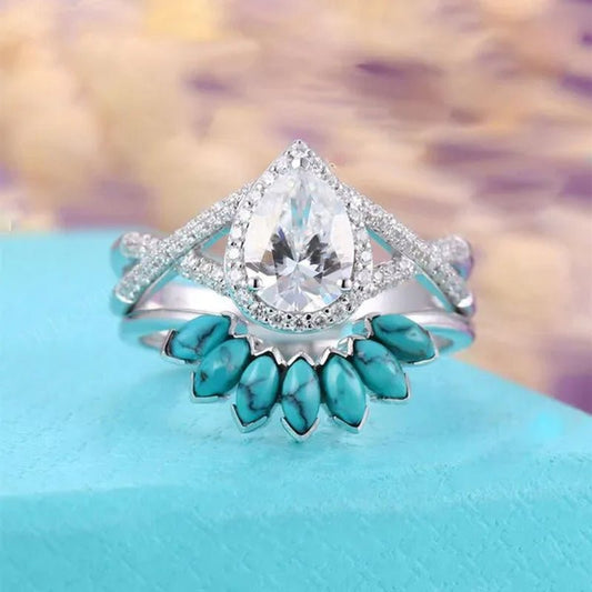 2 Pcs/Set Gifts Handmade Luxury Exquisite Ring Fashion Jewelry Europe and America Noble Elegant Woman Ring Set Natural White Sapphire Zircon Diamond Turquoise Ring Anniversary Party Engagement Bride Princess Wedding Jewelry Christmas Gift Ring Size US4 - 11 - WORLD TIME VISITS