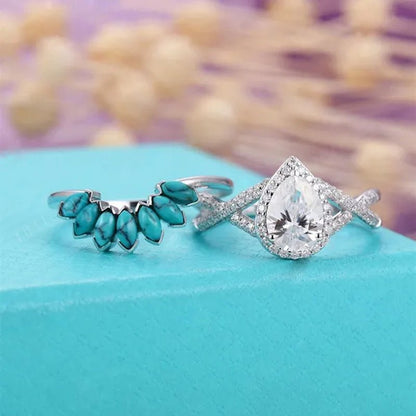 2 Pcs/Set Gifts Handmade Luxury Exquisite Ring Fashion Jewelry Europe and America Noble Elegant Woman Ring Set Natural White Sapphire Zircon Diamond Turquoise Ring Anniversary Party Engagement Bride Princess Wedding Jewelry Christmas Gift Ring Size US4 - 11 - WORLD TIME VISITS