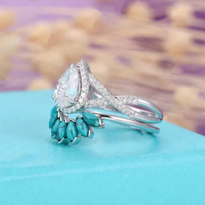 2 Pcs/Set Gifts Handmade Luxury Exquisite Ring Fashion Jewelry Europe and America Noble Elegant Woman Ring Set Natural White Sapphire Zircon Diamond Turquoise Ring Anniversary Party Engagement Bride Princess Wedding Jewelry Christmas Gift Ring Size US4-11