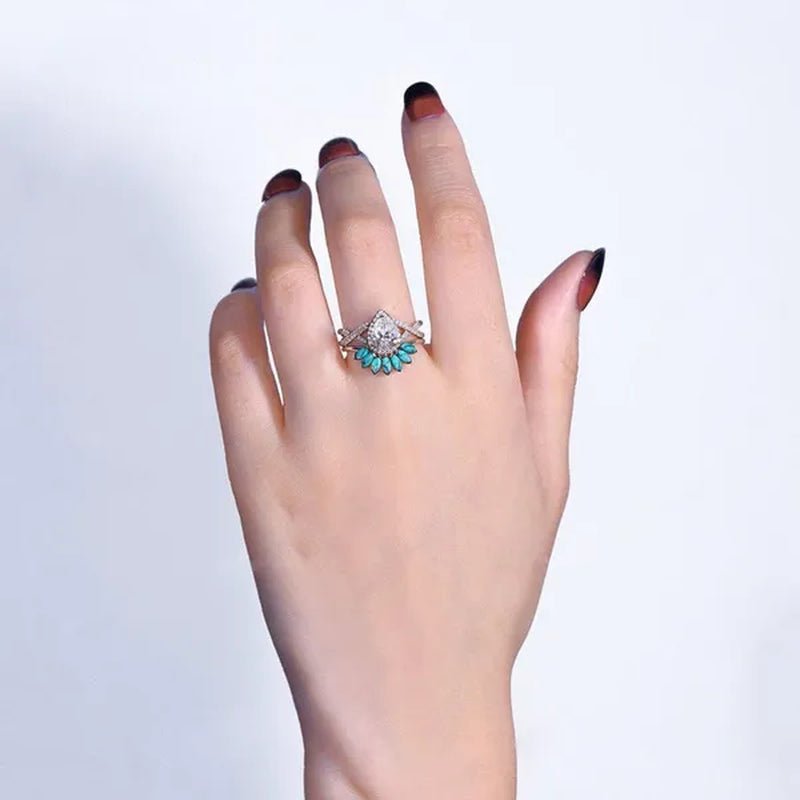 2 Pcs/Set Gifts Handmade Luxury Exquisite Ring Fashion Jewelry Europe and America Noble Elegant Woman Ring Set Natural White Sapphire Zircon Diamond Turquoise Ring Anniversary Party Engagement Bride Princess Wedding Jewelry Christmas Gift Ring Size US4-11