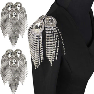 2 Pieces Beaded Diamond Waterdrop Design Patches Crystal Fringe Tassel Rhinestones Shoulder Badges Brooches