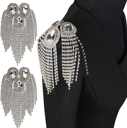 2 Pieces Beaded Diamond Waterdrop Design Patches Crystal Fringe Tassel Rhinestones Shoulder Badges Brooches - WORLD TIME VISITS