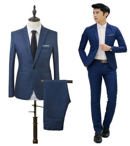 2 Pieces Blazer Men New High Quality Business Formal Wear Men Suits One Button Slim Fit Suit Men Blazer Set Blue Hot Sale Wedding Suit