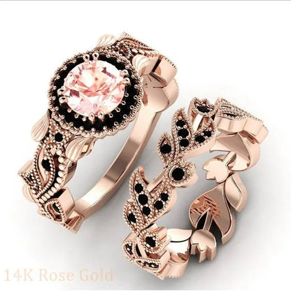 2 Pieces/set of Exquisite Fashion Ideas 14K Rose Gold Ring Black Diamond Ring Flower Vine Ladies Ring Jewelry Promise Wedding Ring Princess Proposal Ring Anniversary Gift (size: 5 - 11) - WORLD TIME VISITS