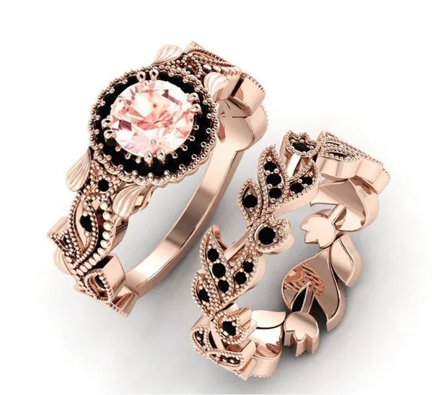 2 Pieces/set of Exquisite Fashion Ideas 14K Rose Gold Ring Black Diamond Ring Flower Vine Ladies Ring Jewelry Promise Wedding Ring Princess Proposal Ring Anniversary Gift (size: 5 - 11) - WORLD TIME VISITS