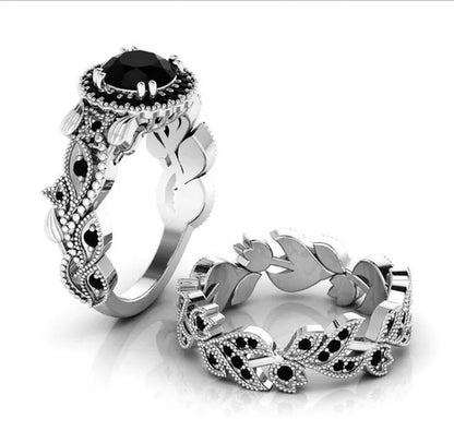 2 Pieces/set of Exquisite Fashion Ideas 14K Rose Gold Ring Black Diamond Ring Flower Vine Ladies Ring Jewelry Promise Wedding Ring Princess Proposal Ring Anniversary Gift (size: 5-11)