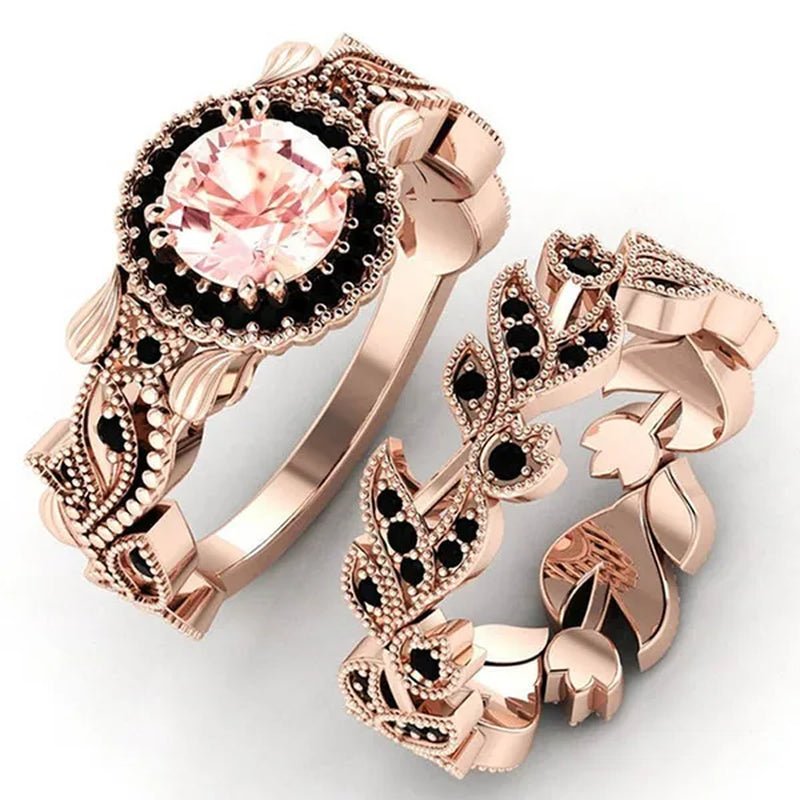 2 Pieces/set of Exquisite Fashion Ideas flowers Ring Black Zircon Ring Flower Vine Ladies Ring Jewelry  Wedding Ring Princess Proposal Ring Anniversary Gift (size: 5-11)