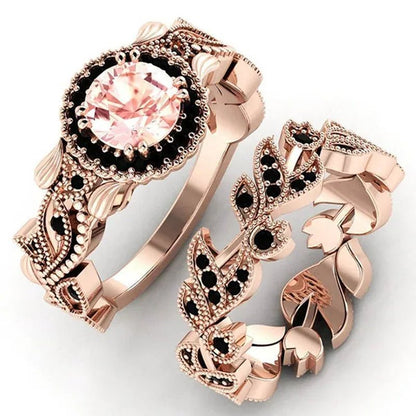 2 Pieces/set of Exquisite Fashion Ideas flowers Ring Black Zircon Ring Flower Vine Ladies Ring Jewelry  Wedding Ring Princess Proposal Ring Anniversary Gift (size: 5-11)