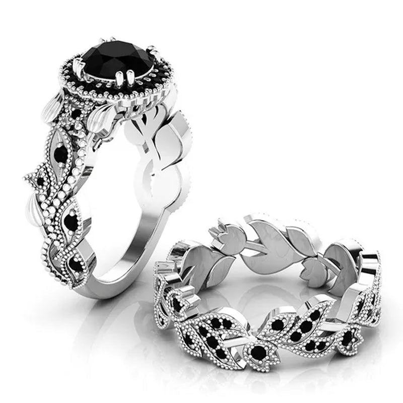 2 Pieces/set of Exquisite Fashion Ideas flowers Ring Black Zircon Ring Flower Vine Ladies Ring Jewelry Wedding Ring Princess Proposal Ring Anniversary Gift (size: 5 - 11) - WORLD TIME VISITS