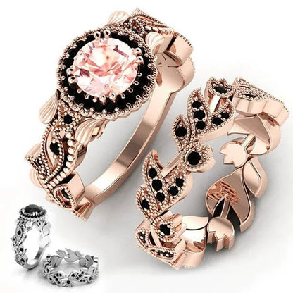 2 Pieces/set of Exquisite Fashion Ideas flowers Ring Black Zircon Ring Flower Vine Ladies Ring Jewelry  Wedding Ring Princess Proposal Ring Anniversary Gift (size: 5-11)