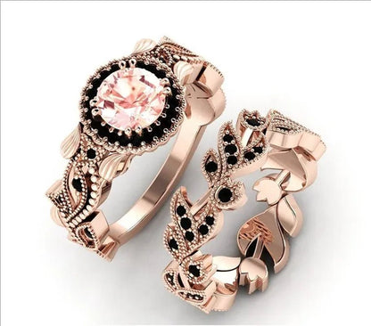 2 Pieces/set of Fashionable and Elegant Flower Vine Ladies Luxury Jewelry  Rose Gold Black Sapphire Diamond Wedding Ring Princess Proposal Anniversary Gift Size 4-11 Bague Femme