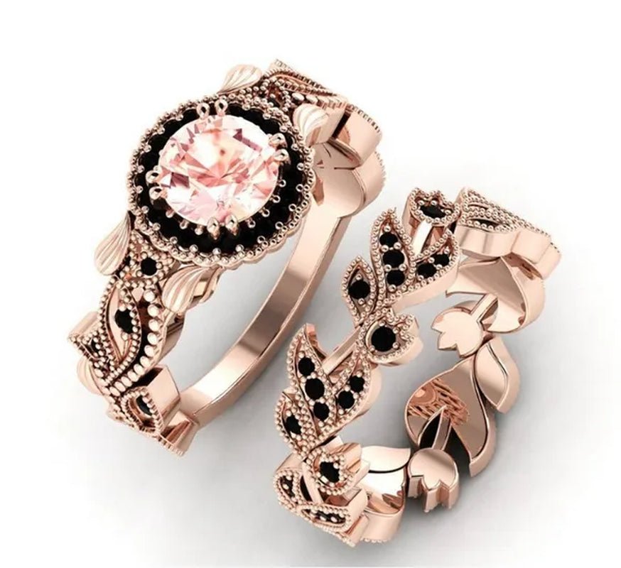 2 Pieces/set of Fashionable and Elegant Flower Vine Ladies Luxury Jewelry Rose Gold Black Sapphire Diamond Wedding Ring Princess Proposal Anniversary Gift Size 4 - 11 Bague Femme - WORLD TIME VISITS