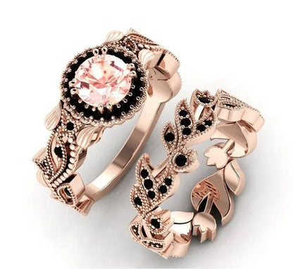 2 Pieces/set of Fashionable and Elegant Flower Vine Ladies Luxury Jewelry Rose Gold Black Sapphire Diamond Wedding Ring Princess Proposal Anniversary Gift Size 4 - 11 Bague Femme - WORLD TIME VISITS