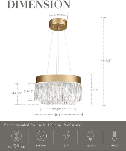2-Tier Crystal Gold Chandelier, LED Modern Chandelier, 6000K Cool White Pendant Light for Bedroom Kitchen Dinning Room Entryway, CC5612-LED-BG