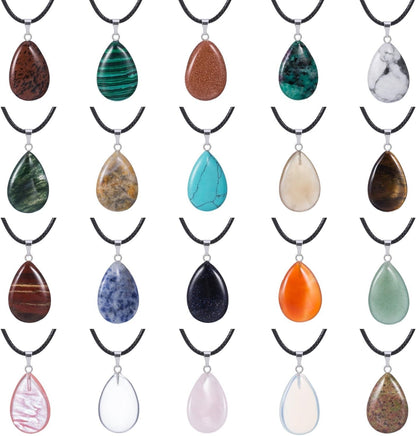 20 Pieces Stone Pendants Water Drop Shape Beads Crystal Quartz Stone Charm with 18 Inch Imitation Leather Cord Chain for Necklace Jewelry Making - WORLD TIME VISITS