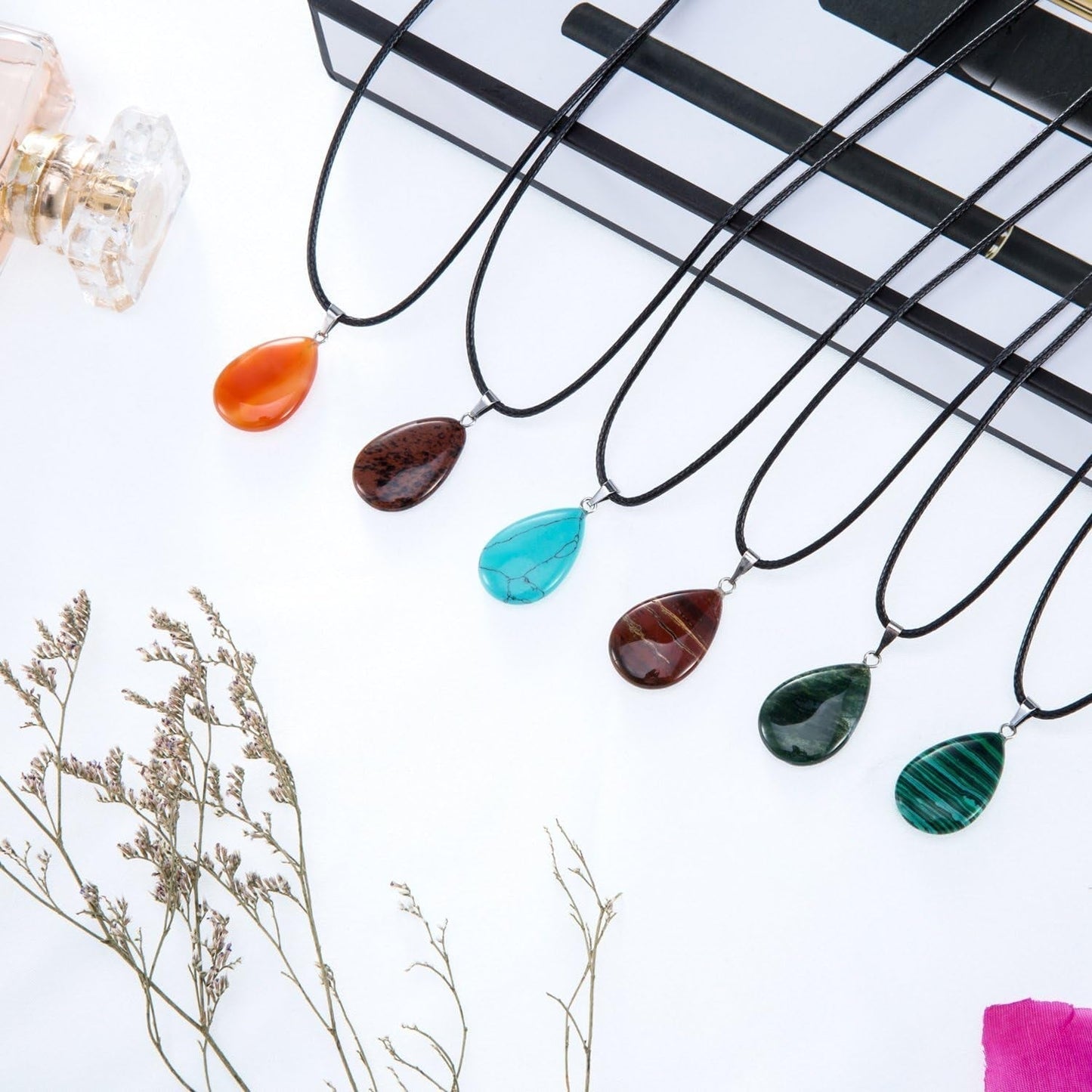 20 Pieces Stone Pendants Water Drop Shape Beads Crystal Quartz Stone Charm with 18 Inch Imitation Leather Cord Chain for Necklace Jewelry Making - WORLD TIME VISITS