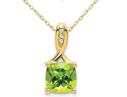 2.00 Carat (ctw) Natural Cushion-Cut Peridot Pendant Necklace in 14K Yellow Gold with Chain