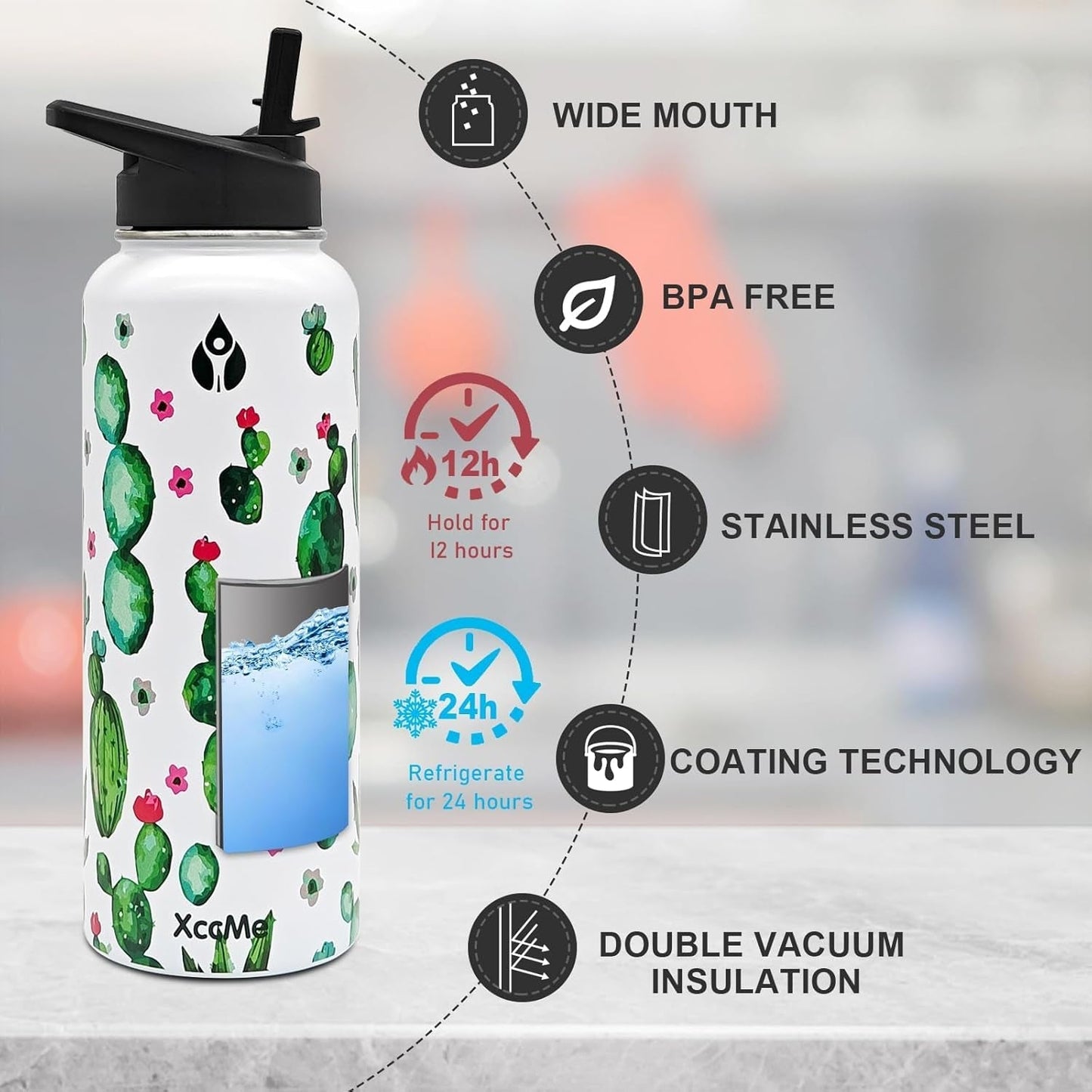 40Oz Cactus Insulated Water Bottle,Stainless Steel Double Wall Water Bottles,Metal Water Bottle,Sports Water Bottle with Straw Lid,Paracord Handle,Silicone Boot,For Hot Cold Liquid