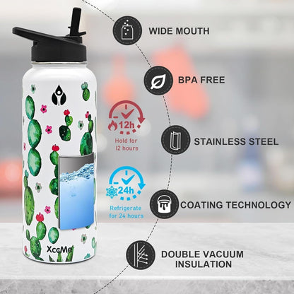 40Oz Cactus Insulated Water Bottle,Stainless Steel Double Wall Water Bottles,Metal Water Bottle,Sports Water Bottle with Straw Lid,Paracord Handle,Silicone Boot,For Hot Cold Liquid