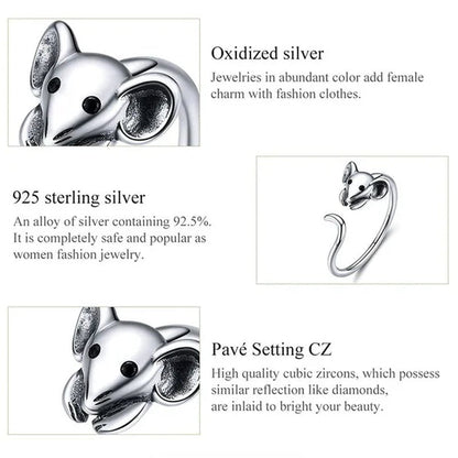 2020 Animal Rat Open Ring 925 Sterling Silver Cute Little Mouse Adjustable Ring for Women Fashion Jewelry