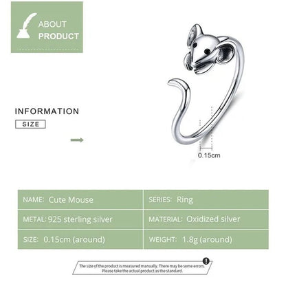 2020 Animal Rat Open Ring 925 Sterling Silver Cute Little Mouse Adjustable Ring for Women Fashion Jewelry
