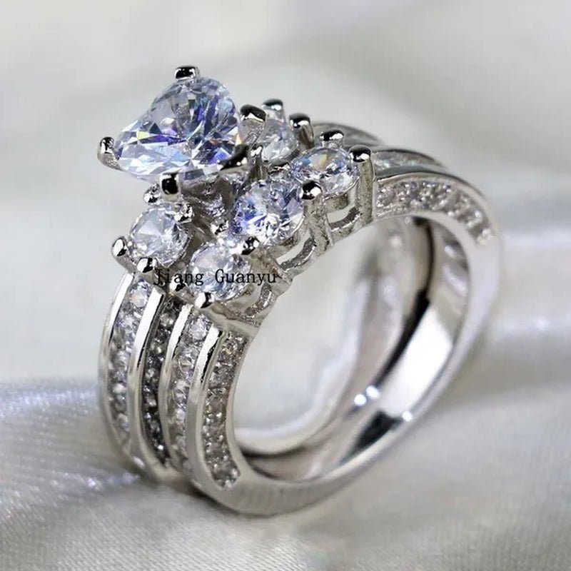 2020 Romantic Couple Jewelry Men's 316 Stainless Steel Double Row Zircon Ring And Ladies Heart Ring Set Couple Ring Bride Wedding Engagement Jewelry(Include: man ring or woman ring)