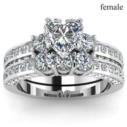 2020 Romantic Couple Jewelry Men's 316 Stainless Steel Double Row Zircon Ring And Ladies Heart Ring Set Couple Ring Bride Wedding Engagement Jewelry(Include: man ring or woman ring)