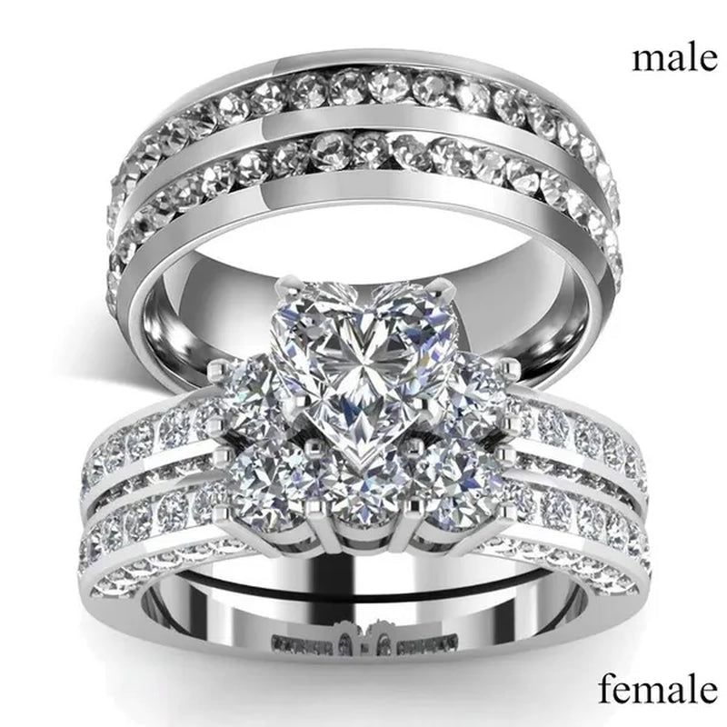 2020 Romantic Couple Jewelry Men's 316 Stainless Steel Double Row Zircon Ring And Ladies Heart Ring Set Couple Ring Bride Wedding Engagement Jewelry(Include: man ring or woman ring) - WORLD TIME VISITS