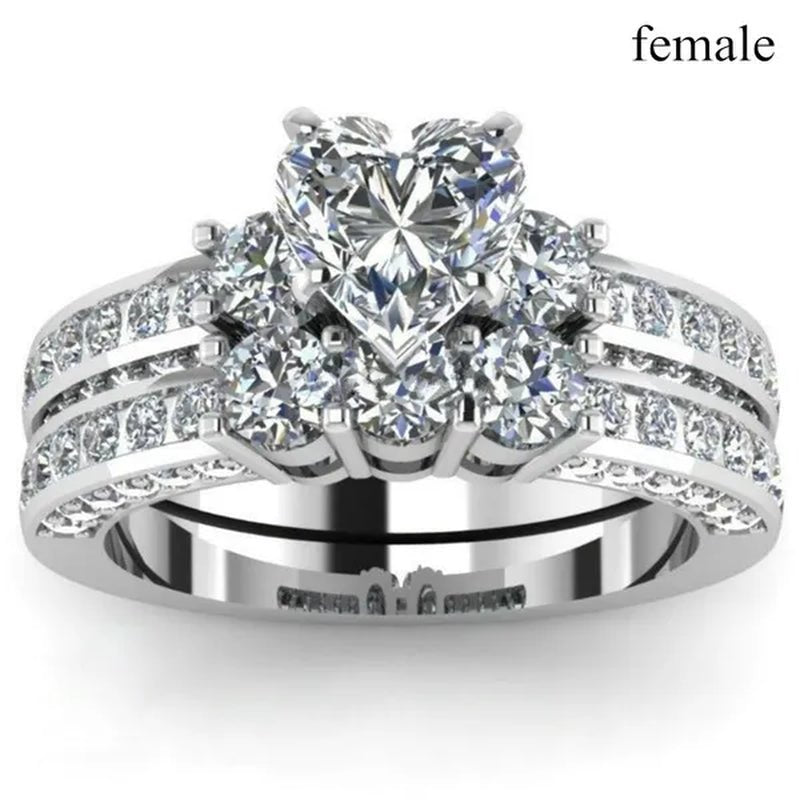 2020 Romantic Couple Jewelry Men's 316 Stainless Steel Double Row Zircon Ring And Ladies Heart Ring Set Couple Ring Bride Wedding Engagement Jewelry(Include: man ring or woman ring)