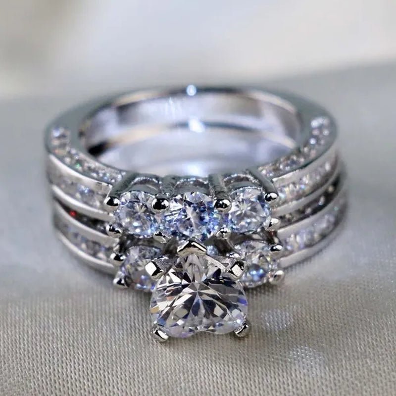 2020 Romantic Couple Jewelry Men's 316 Stainless Steel Double Row Zircon Ring And Ladies Heart Ring Set Couple Ring Bride Wedding Engagement Jewelry(Include: man ring or woman ring)