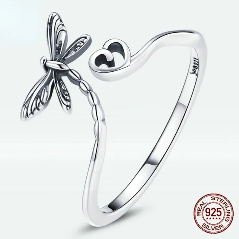 2021 New Dragonfly Love Heart Open Ring 925 Sterling Silver Vintage Insect Ring for Women